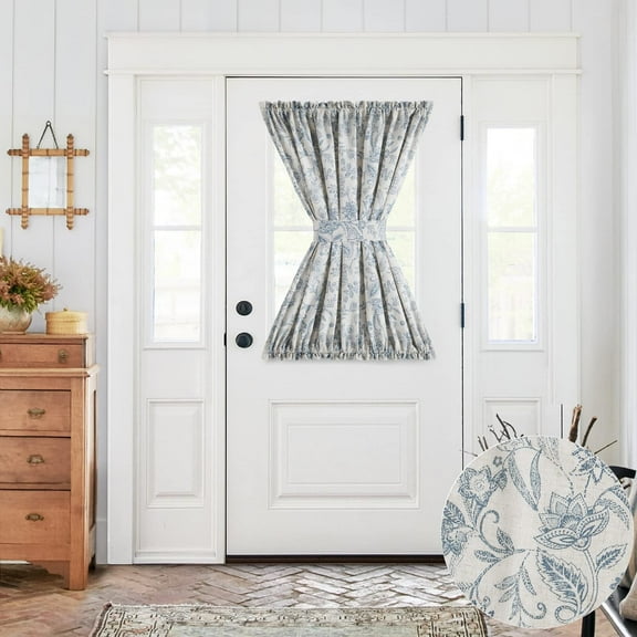 CURTAINKING French Door Curtains Panel Farmhouse Linen Rod Pocket Curtains for Door Window 50"x40" Floral Printed Blue on Beige, 1 Tieback Included