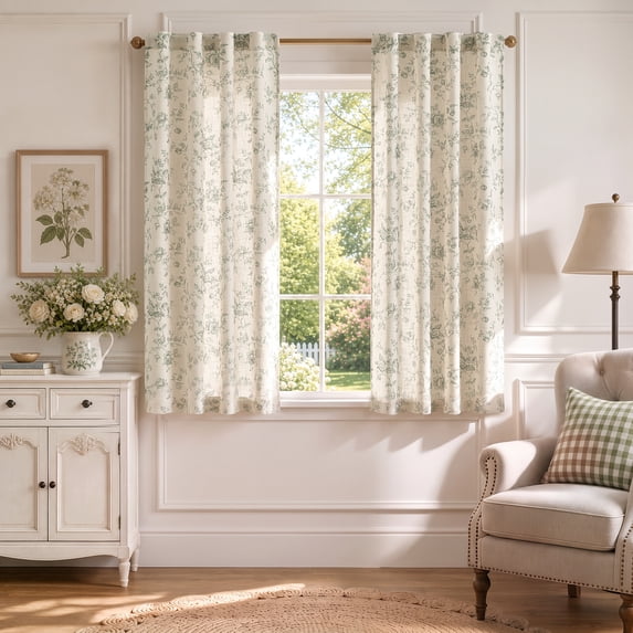 CURTAINKING Green Floral Linen Blend Curtains Light Filtering 63 Inch Window Curtains for Bedroom Living Room Farmhouse Cottage Style Window Treatment Rod Pocket