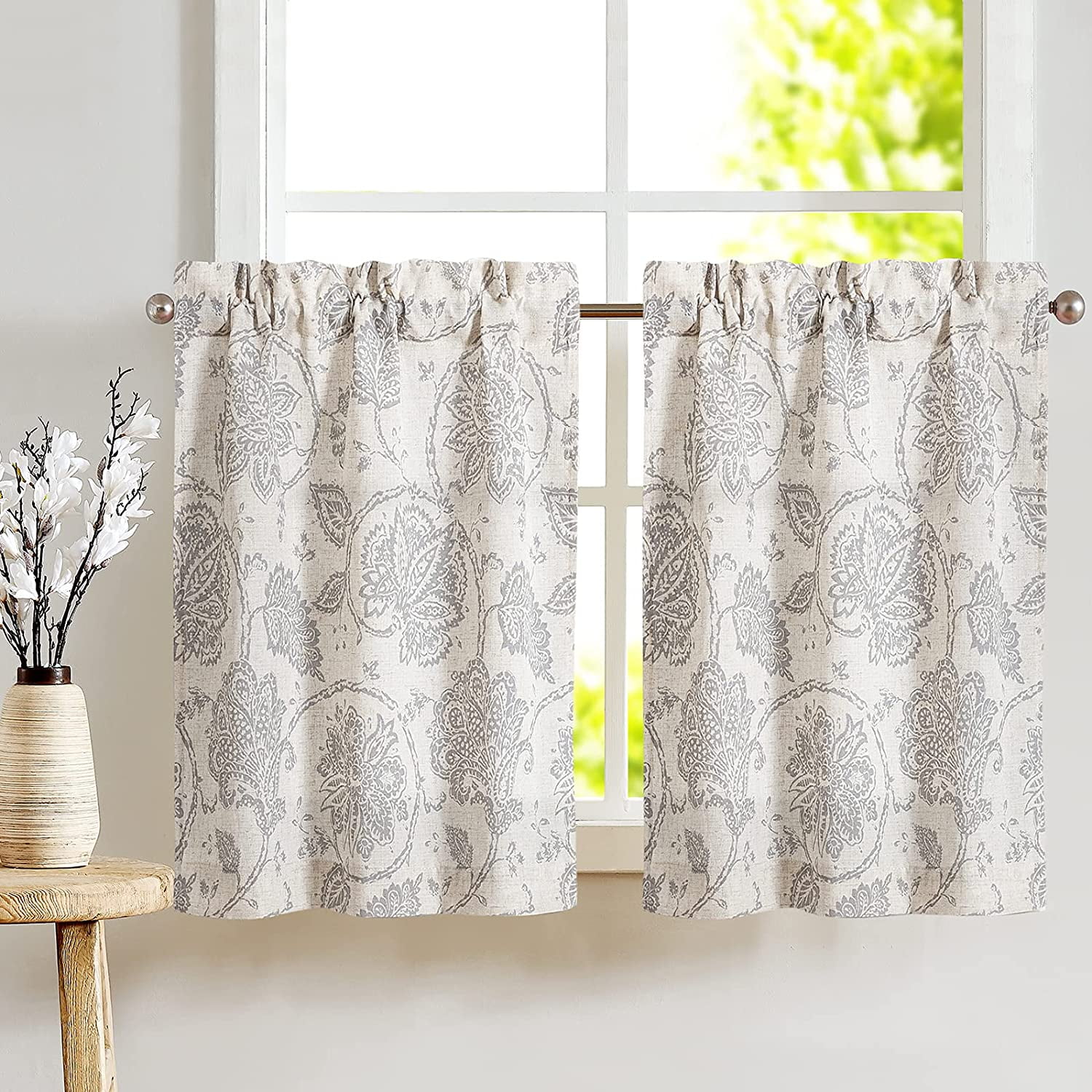 CURTAINKING Kitchen Curtains Floral Printed Short Window Curtains Linen  Tiers Grey Farmhouse Cafe Curtains 36 inch Length Rod Pocket 2 Panels Grey  on