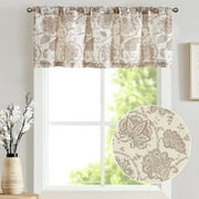 CURTAINKING Kitchen Valance W50" x L18" Linen Textured Floral Printed Small Window Curtain Rustic Jacobean 1 Panel Rod Pocket Taupe on Beige