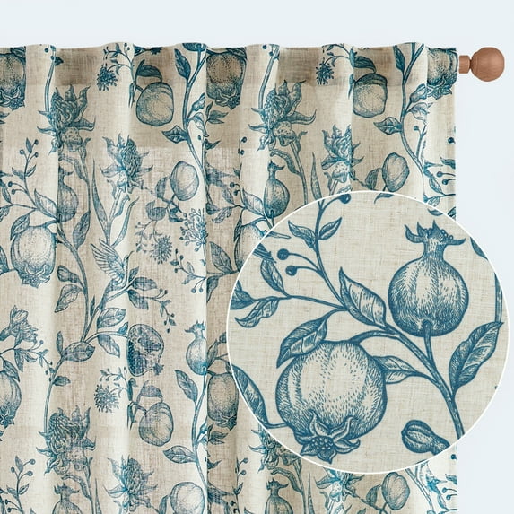 CURTAINKING Linen Curtains Floral Curtains for Living Room 63 Inch Long Blue French Curtains Back Tab Light Filtering Toile Print Farmhouse Bedroom Curtains Window Curtain Set 2 Panels