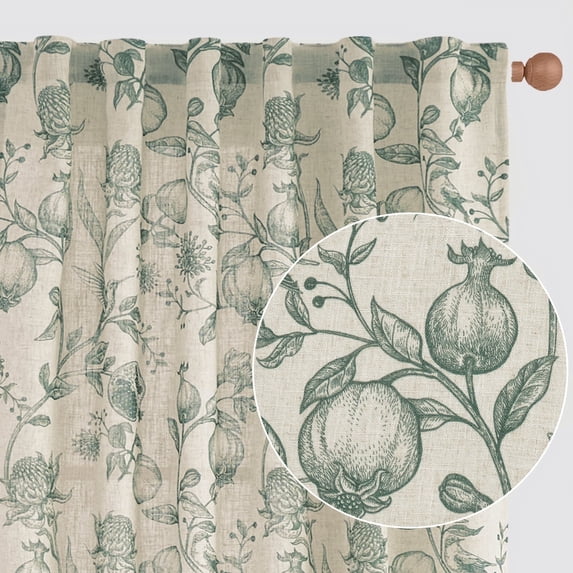 CURTAINKING Linen Curtains Floral Curtains for Living Room 63 Inch Long Dark Green French Curtains Back Tab Light Filtering Toile Print Farmhouse Bedroom Curtains Window Curtain Set 2 Panels