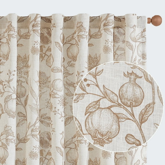 CURTAINKING Linen Curtains Floral Curtains for Living Room 63 Inch Long Tan French Curtains Back Tab Light Filtering Toile Print Farmhouse Bedroom Curtains Window Curtain Set 2 Panels
