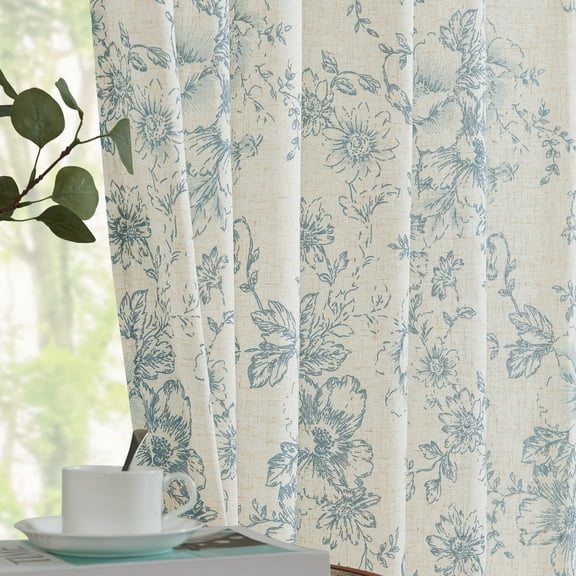 CURTAINKING Linen Curtains Floral Curtains for Living Room 84 Inch Length Blue Printed Curtains Rod Pocket Back Tab Farmhouse Peony Flower Patterned Drapes Bedroom Window Curtain Set 2 Panels