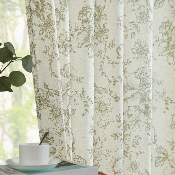 CURTAINKING Linen Curtains Floral Curtains for Living Room 84 Inch Length Green Printed Curtains Rod Pocket Back Tab Farmhouse Peony Flower Patterned Drapes Bedroom Window Curtain Set 2 Panels