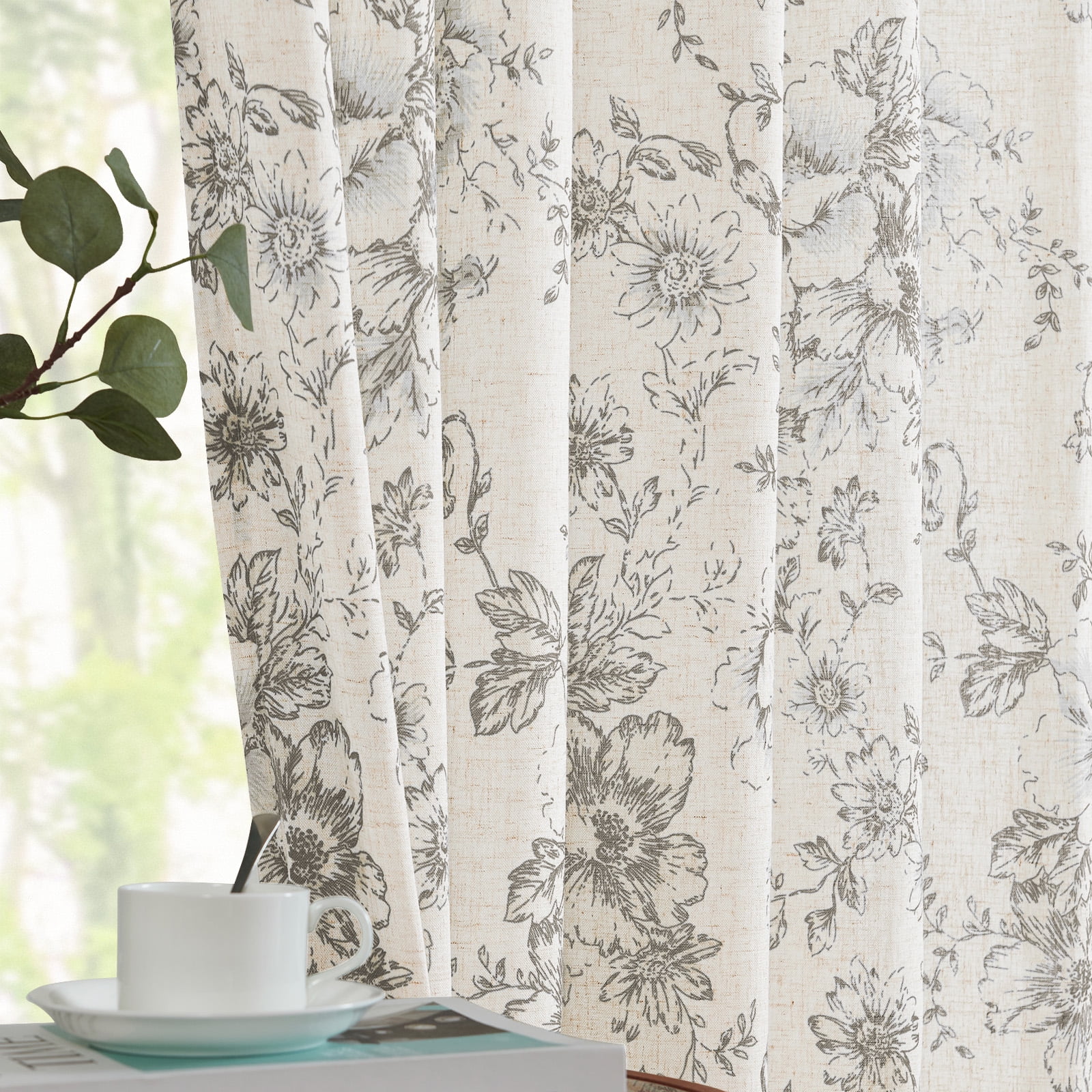 CURTAINKING Linen Curtains Floral Curtains for Living Room 84 Inch Length Grey Printed Curtains Rod Pocket Back Tab Farmhouse Peony Flower Patterned Drapes Bedroom Window Curtain Set 2 Panels - Walmart.com