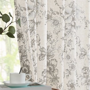 CURTAINKING Linen Curtains Floral Curtains for Living Room 84 Inch Length Grey Printed Curtains Rod Pocket Back Tab Farmhouse Peony Flower Patterned Drapes Bedroom Window Curtain Set 2 Panels