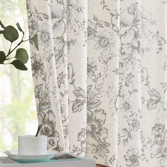 CURTAINKING Linen Curtains Floral Curtains for Living Room 84 Inch Length Grey Printed Curtains Rod Pocket Back Tab Farmhouse Peony Flower Patterned Drapes Bedroom Window Curtain Set 2 Panels