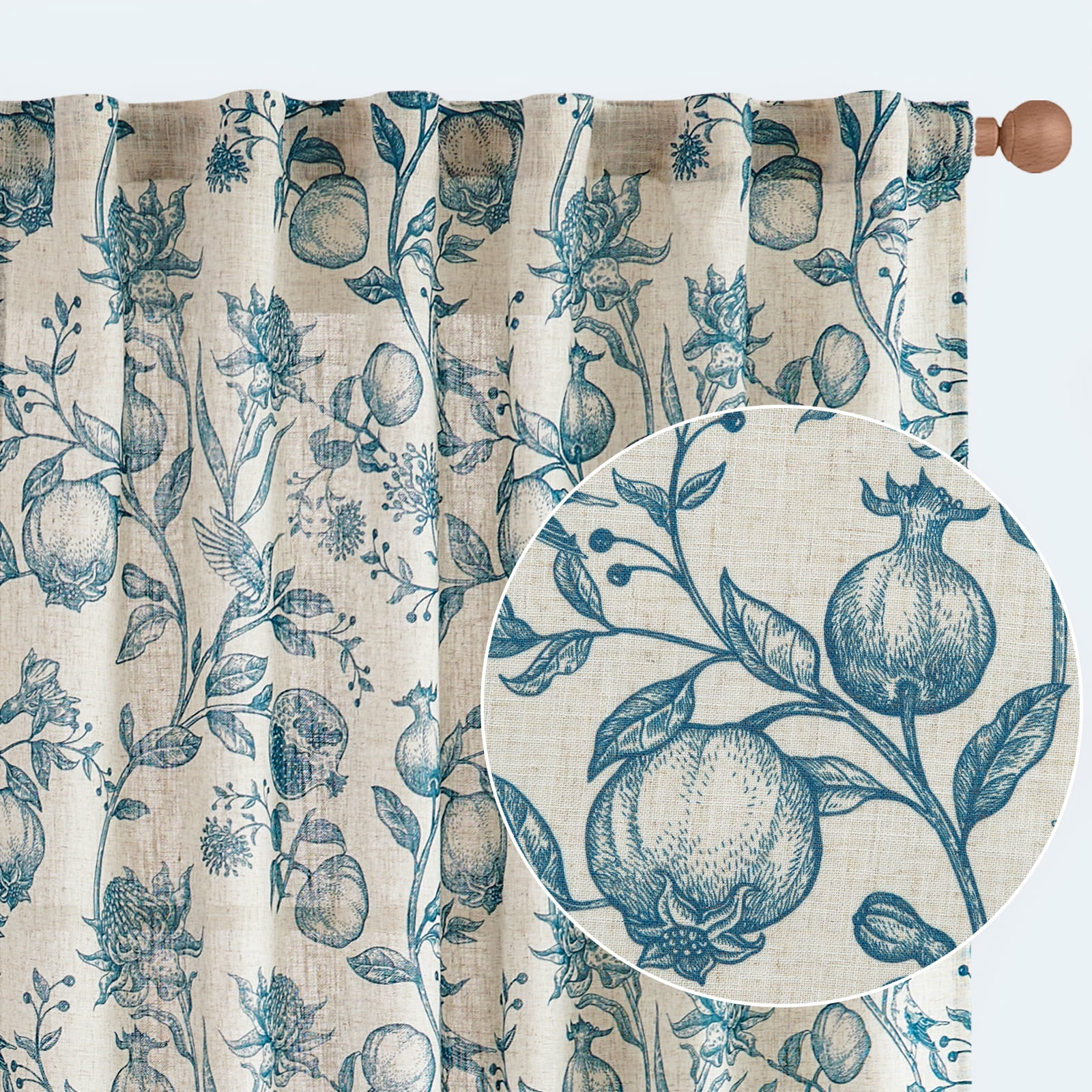 CURTAINKING Linen Curtains Floral Curtains for Living Room 84 Inch Long Blue French Curtains Back Tab Light Filtering Toile Print Farmhouse Bedroom Curtains Window Curtain Set 2 Panels