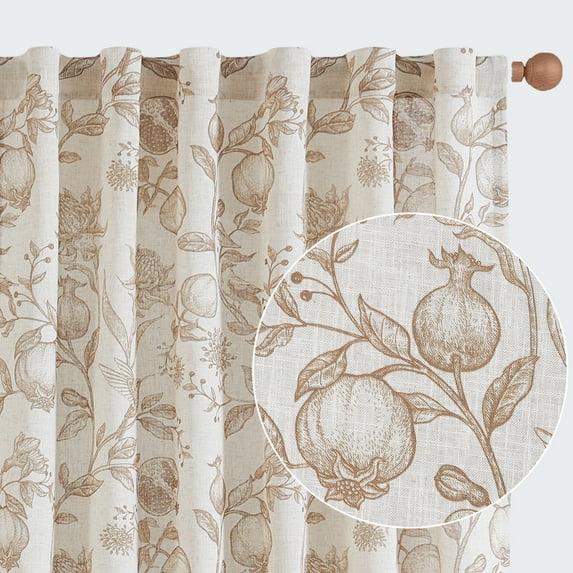CURTAINKING Linen Curtains Floral Curtains for Living Room 96 Inch Long Tan French Curtains Back Tab Light Filtering Toile Print Farmhouse Bedroom Curtains Window Curtain Set 2 Panels