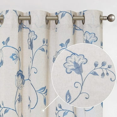 CURTAINKING Linen Curtains Floral Embroidery Window Curtains 84 inch Farmhouse Light Filtering Drapes for Living Room Bedroom Grommet 2 Panels Blue