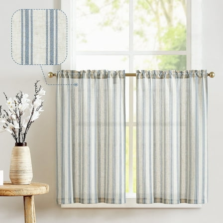 CURTAINKING Striped Kitchen Curtains Linen Cafe Curtains Semi-Sheer Farmhouse Tier Curtains 26x24 inch 2 Panels Short Curtains Rod Pocket Blue on Beige