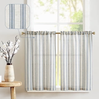 CURTAINKING Striped Kitchen Curtains Linen Cafe Curtains Semi-Sheer Farmhouse Tier Curtains 26x24 inch 2 Panels Short Curtains Rod Pocket Blue on Beige