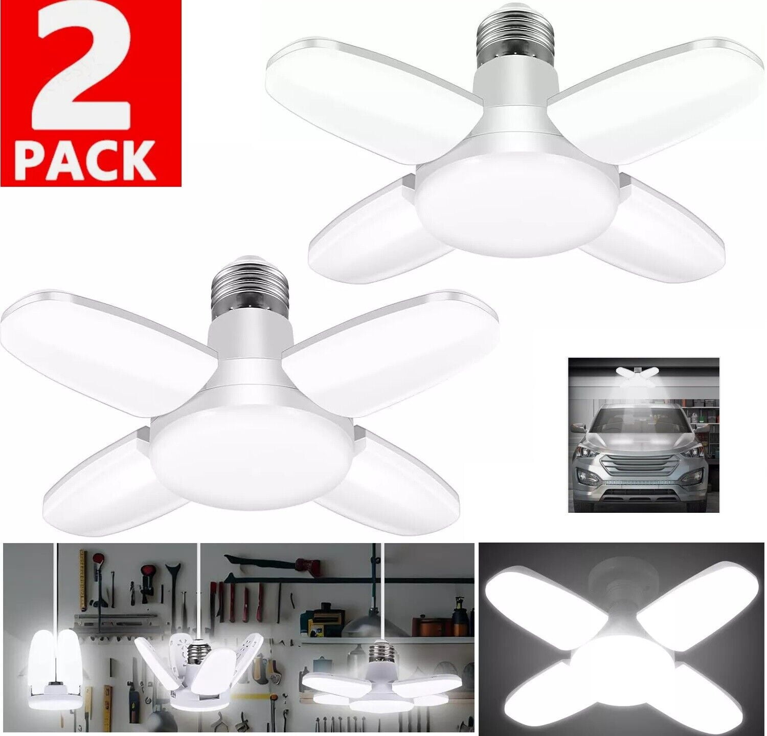 DAZONE CURUK 2-PACK LED Garage Light Bulb Deformable Ceiling Fixture Lights Workshop Lamp E27 Super Bright