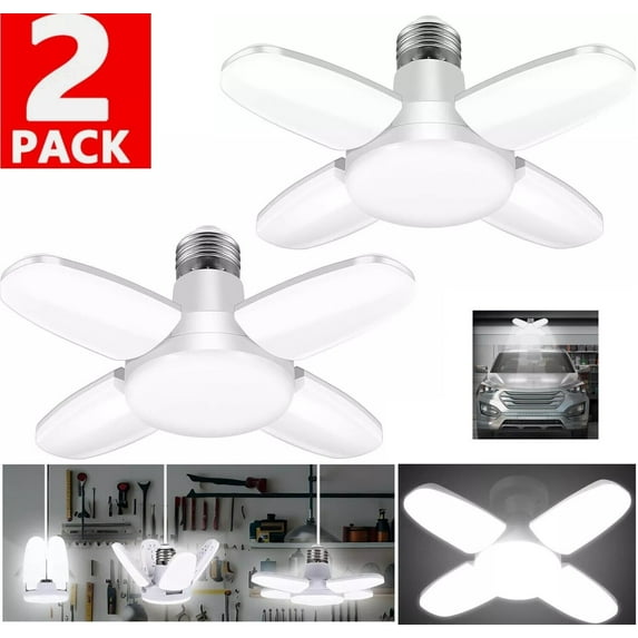 CURUK 2-PACK LED Garage Light Bulb Deformable Ceiling Fixture Lights Workshop Lamp E27 Super Bright