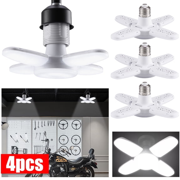 CURUK 4-Pack Deformable LED Garage Light Bulb , Adjustable Multi-Panel Ceiling Fixture, Super Bright LED Shop Lights for Workshop, Attic, Storage Room, E27 Base