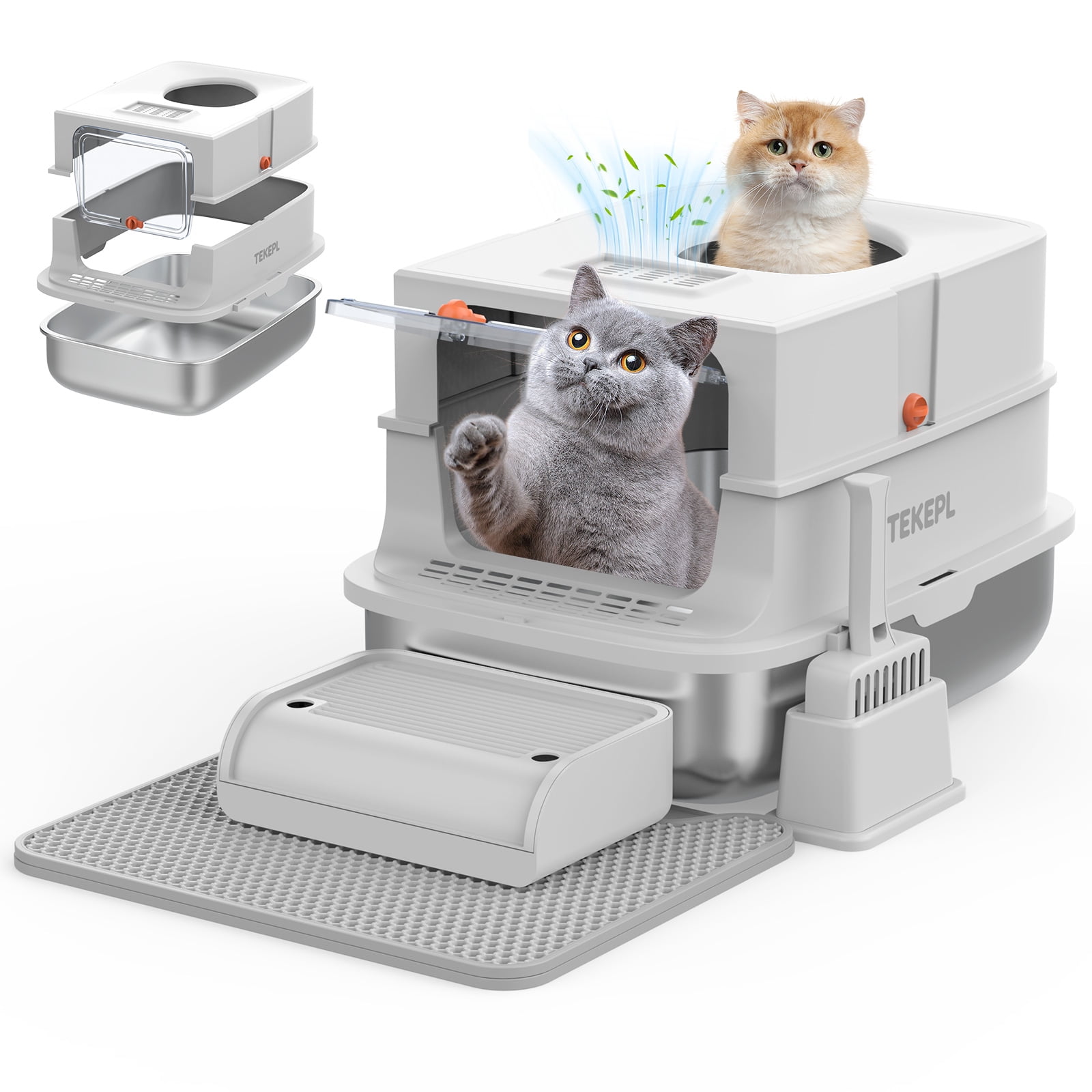 CURUK XL Stainless Steel Litter Box with Lid, Scoop, Footboard, Trapping Mat, Gray, Half/ Fully Enclosed Design