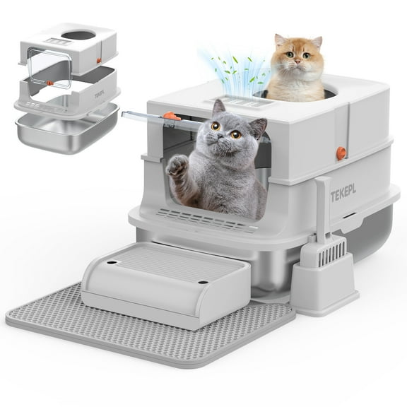 CURUK XL Stainless Steel Litter Box with Lid, Scoop, Footboard, Trapping Mat, Gray, Half/ Fully Enclosed Design