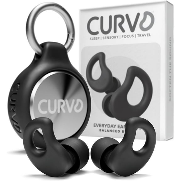 CURVD Everyday Earplugs + Case Clip Bundle – Perfect for Sleep, Travel, Noise Sensitivity/Canceling, with Portable Waterproof Container & Silicone Sleeve (Black)