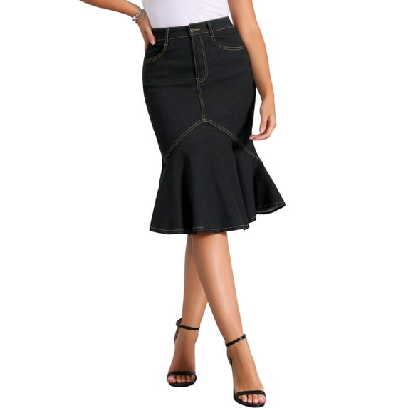 CURVOSPORT Fishtail Denim Skirt for Women's High Waist Bodycon Jean Ruffles Skirts XS Black