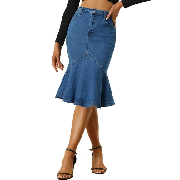 CURVOSPORT Fishtail Denim Skirt for Women's High Waist Bodycon Jean Ruffles Skirts XS Dark Blue