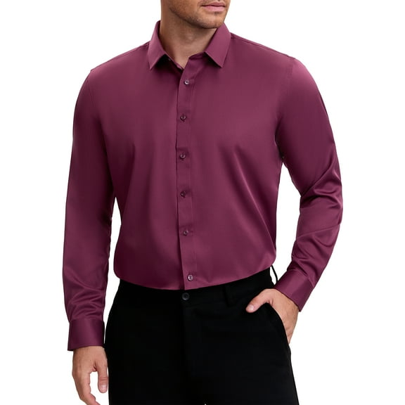 Men's Point Collar Long Sleeve Button Down Solid Color Formal Dress Shirts Burgundy 3XL