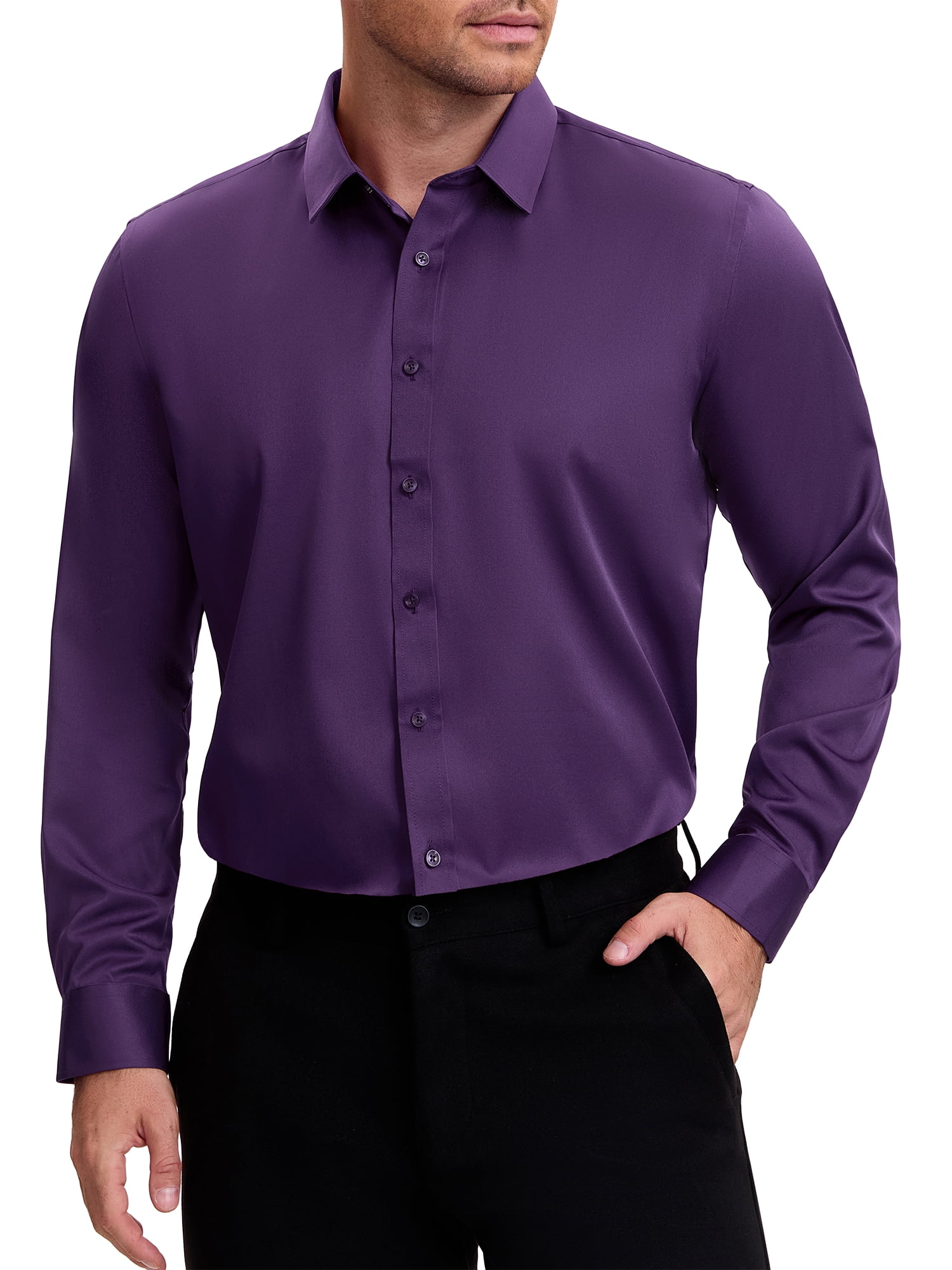 Point Collar Long Sleeve Button Down Solid Color Formal Dress Shirt