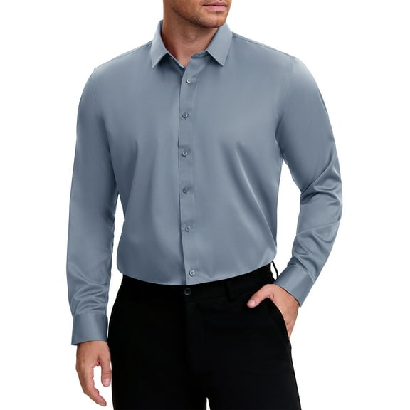 Men's Point Collar Long Sleeve Button Down Solid Color Formal Dress Shirts Gray XL
