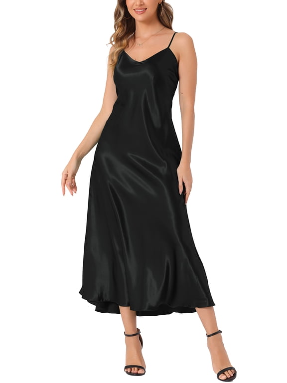 Women's Satin Cami Dress Spaghetti Straps V Neck Elegant Maxi Slip Dresses L Black