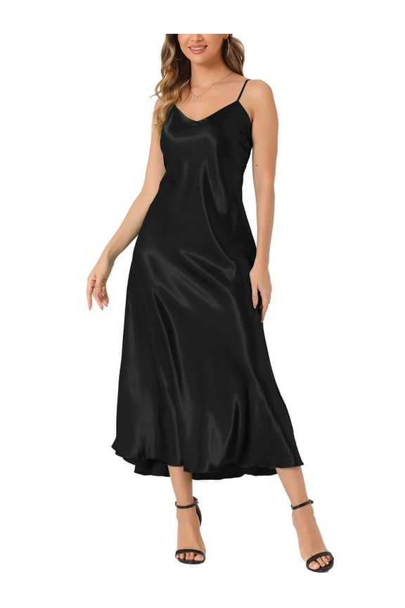 Women's Satin Cami Dress Spaghetti Straps V Neck Elegant Maxi Slip Dresses XL Black