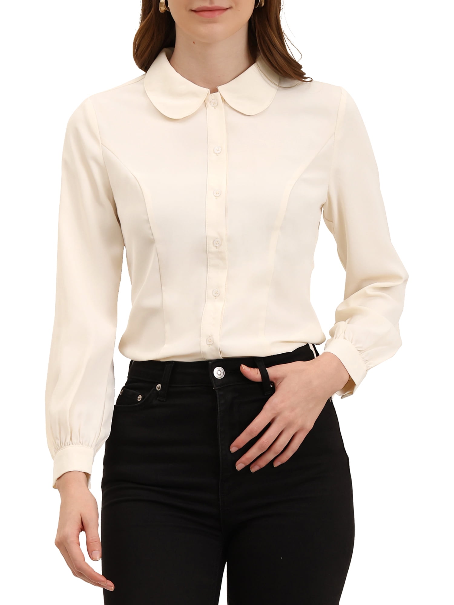 CURVOSPORT Women's Button Down Shirt Peter Pan Collar Long Sleeve Princess  Line Blouse S Beige - Walmart Business Supplies, image size:1500x2000