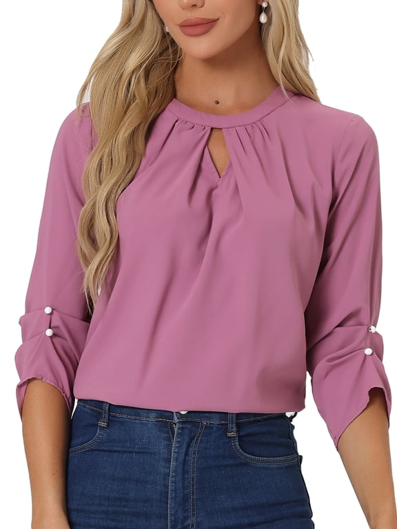 Women's Dressy Shirt Work Office Top Front Ruched 3/4 Sleeve Chiffon Blouse Plum Purple L