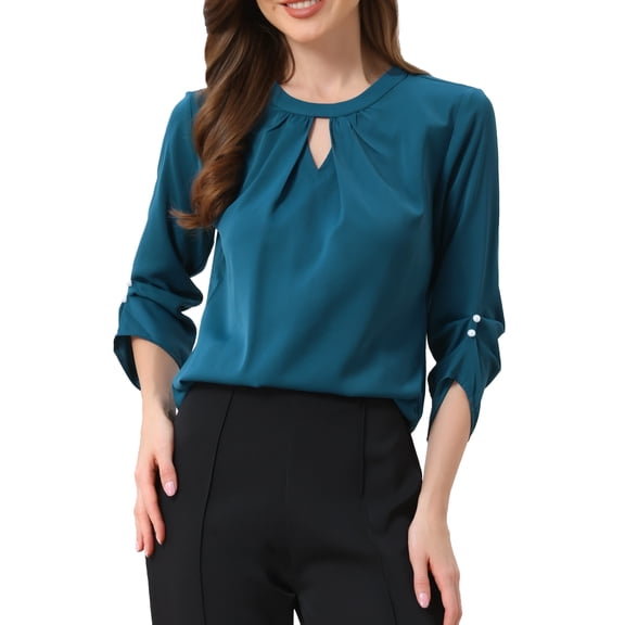 CURVOSPORT Women's Dressy Shirt Work Office Top Keyhole Pleated Front Ruched 3/4 Sleeve Chiffon Blouse S Peacock