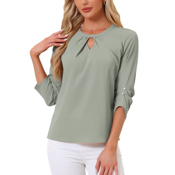 CURVOSPORT Women's Dressy Shirt Work Office Top Keyhole Pleated Front Ruched 3/4 Sleeve Chiffon Blouse XL Gray