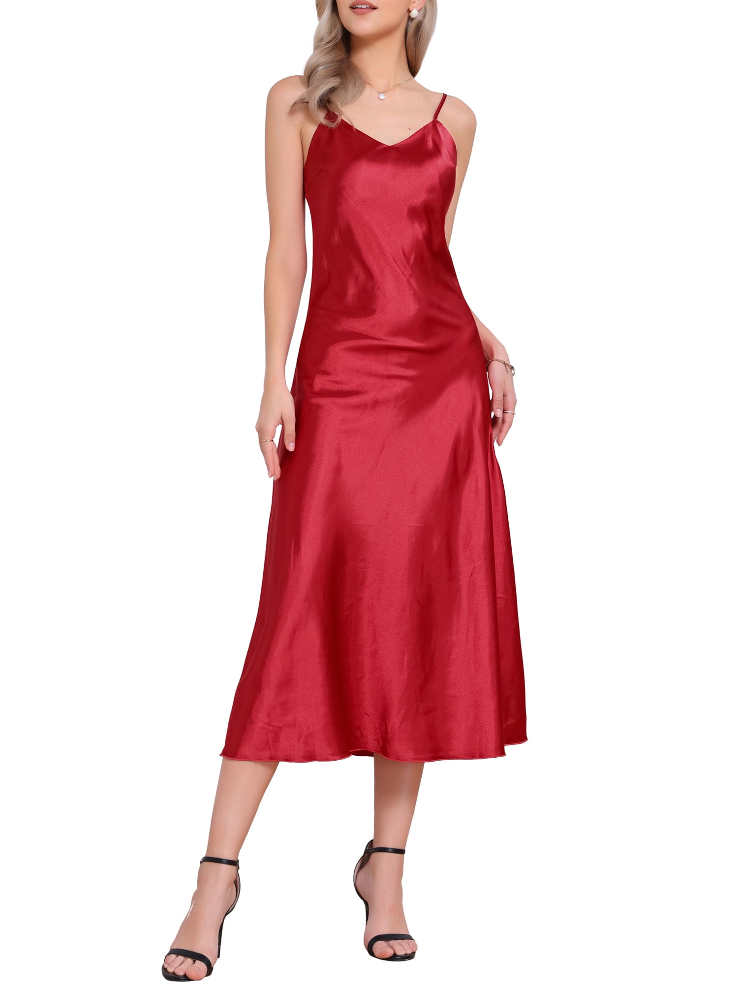 Light Burgundy Spaghetti Strap Satin Bridesmaid Dress With Back Bow - Pleated Mermaid Prom Dress For Women, US Size 12, Customizable