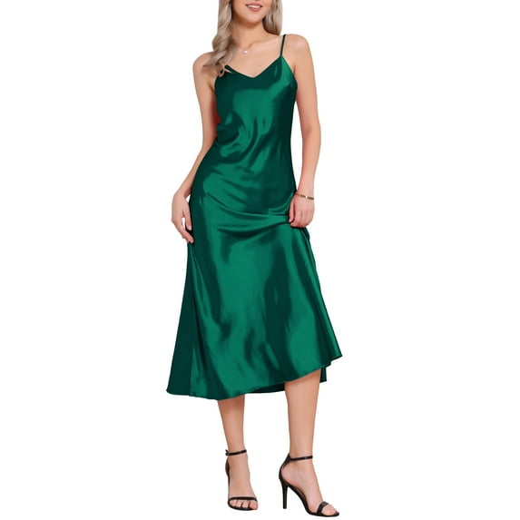 CURVOSPORT Women's Satin Cami Dress Spaghetti Straps V Neck Elegant Maxi Slip Dresses XL Peacock Blue