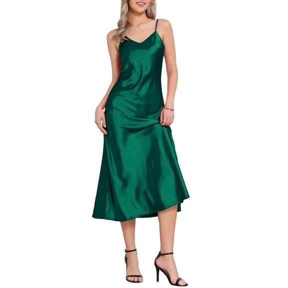 CURVOSPORT Women's Satin Cami Dress Spaghetti Straps V Neck Elegant Maxi Slip Dresses XL Peacock Blue