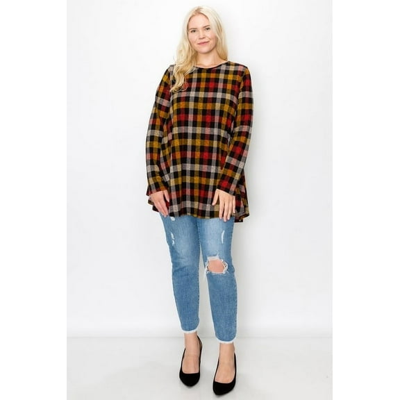 CURVY LOVEY PLUS SIZE LONG SLEEVES CHECK PRINT PRINT TOP