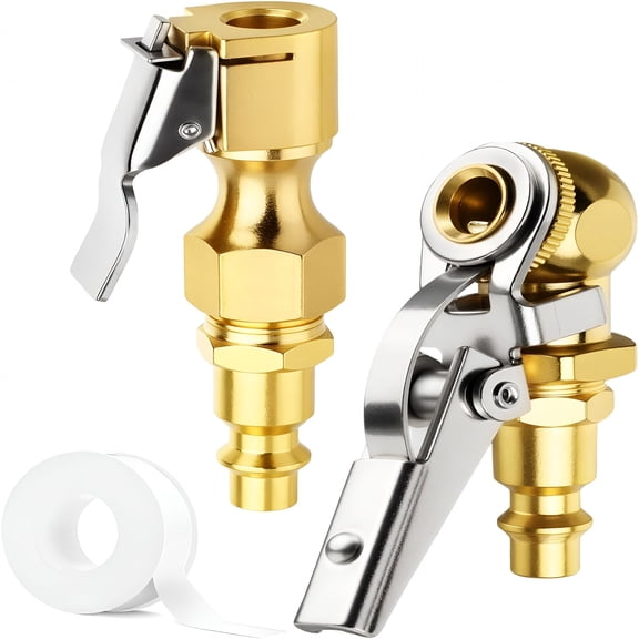 CURYMAY 2 Pack Locking Air Chuck, 1/4 Inch FNPT Closed Flow Clip On Tire Inflator, Quick Connect Brass Tire Chucks for Truck RV