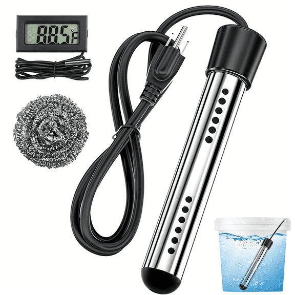 CURYMAY 2000W Immersion Water Heater,Portable Electric Water Heater with 304 Stainless Steel&Lcd Thermometer-Rapidly Heat 5 Gallons of Water in Minutes for Buckets,Bathtubs &
