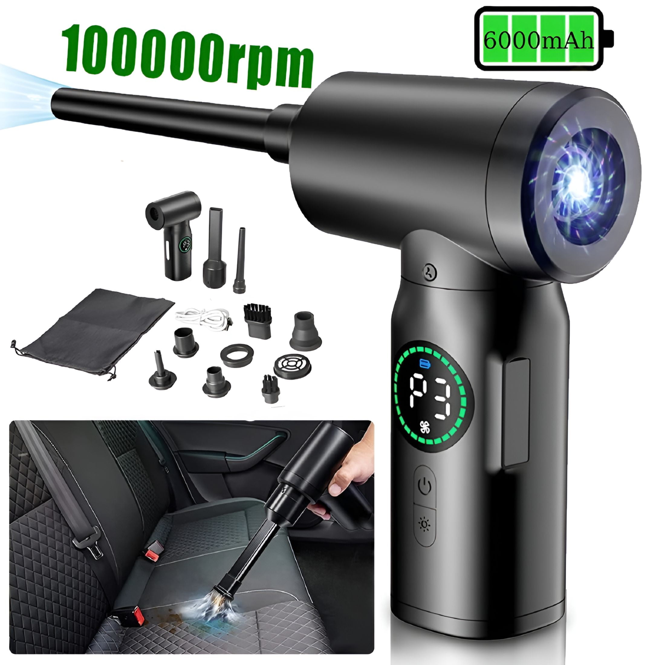 CURYMAY 2026 New 11-In-1 Compressed Air Duster,3-Gear Adjustable 100000 Rpm Electric Air Duster with Led Light,Reusable Keyboard Cleaner for Office,6000Mah Cordless Air Duster for Computer/Car