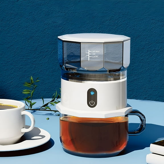 CURYMAY 2026 New Mini Coffee Machine Coffee Brewer Fully Automatic Hand Brewed Coffee Drip Pot Extraction Coffee Machine Dry Battery Powered White Safe&Non-Toxic 4X3