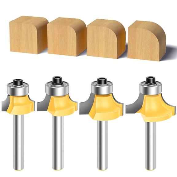 CURYMAY 4Pcs Router Bit Set Router Bits 1/4" Shank,Roundover Router Bit Cutting Diameter in 1/8",1/4",3/16",5/16",Cnc Router Bits Edging Cutter for Woodworking Forming Molding Profiling