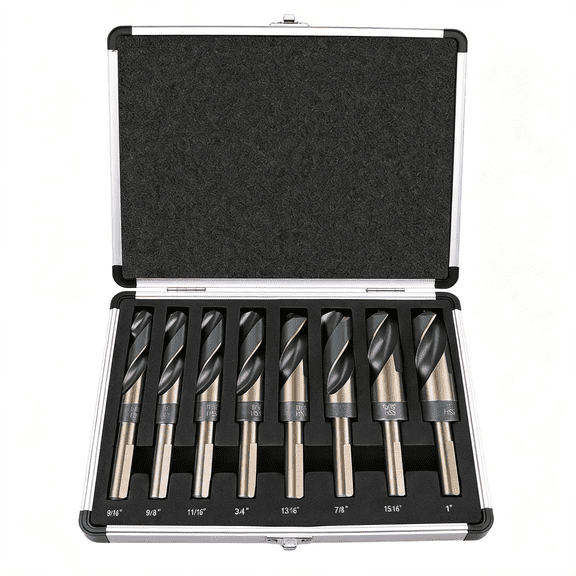 CURYMAY 8-Piece Premium 1/2 Reduced Shank Silver and Deming Large Drill Bit Set in Aluminum Carry Case, M2 High Speed Steel, 135-Degree Split Point Sae"Size 9/16-1 by 1/16Th Increment