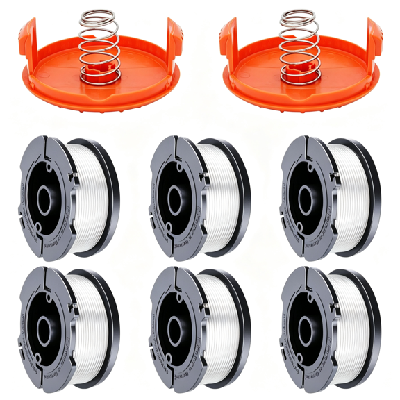 CURYMAY Af-100 Weed Eater Spool 6+2 Pack 30Ft 0.065'' Line String Trimmer Replacement Spool for Af+100 String Trimmers, (6 Replacement Spool, 2 Trimmer Cap, 2 Pack Spring)