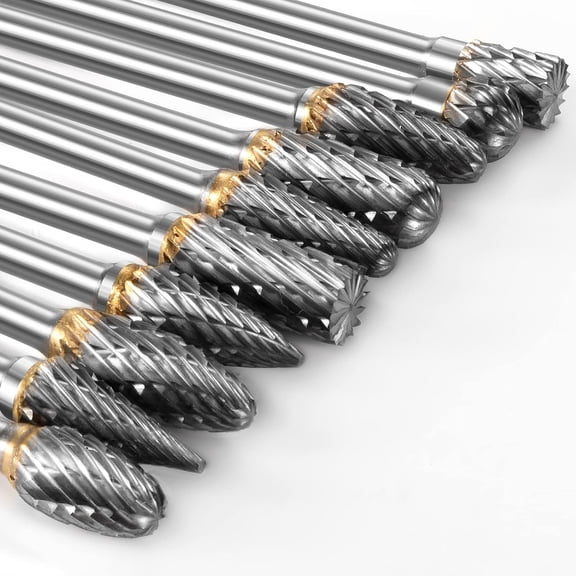 CURYMAY Carbide Burr Set Compatible with Rotary Tool 10Pcs, Die Grinder Bits 1/8" Shank for Metal Grinding Engraving Porting Double Cut