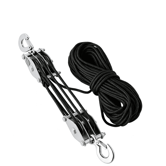 CURYMAY Heavy-Duty 2,000 Lb Breaking Strength 50 Ft Rope Hoist,1000Lbs Work Load,Metal Wheel Bearing Pulley for Lifting Heavy Objects,Includes 2 Soft Loops,Heavy-Duty Rope Hoist(Black)