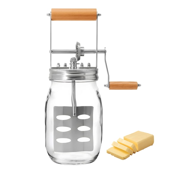 CURYMAY Manual Butter Maker,Wooden Handle Shakes Stainless Steel Blade Butter Churner,50.72 fl oz Butter Churner Hand Crank Mason Jar,Cream Mixer Family Gifts for A Baker