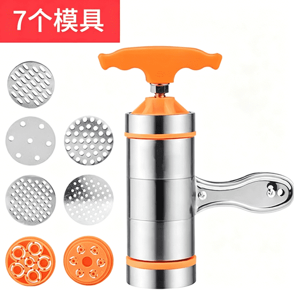 CURYMAY Manual Noodle Maker, Stainless Steel Pasta Machine with 7 Molds, Compact 7.1 Inch, Orange Handle, Easy to Clean