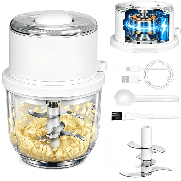 CURYMAY Mini Portable Chopper,Electric Garlic Chopper with Secure 6 Stainless Steel Blades&350Ml Glass Bowl,Cordless Mini Food Processor,60+ Uses Per Charge for Kitchen,Rv&Camping(White)